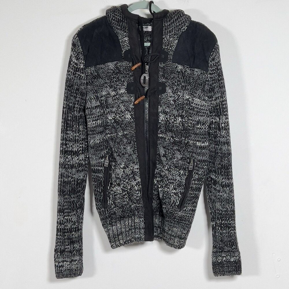 Leif Nelson Zip Up Hooded Slim Fit Cardigan Sweater Mens Sz‎ L Marled Black